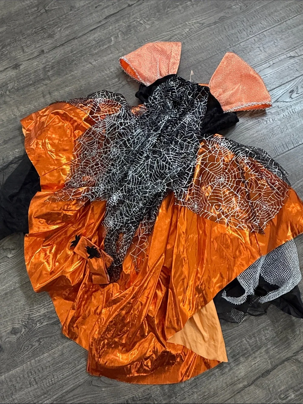 Target Girls Orange and Black Spiderweb Witch Costume with Mini Hat Headband - Picture 3 of 4